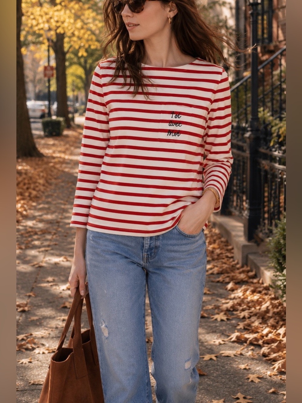 Madewell x Sézane Toi Avec Moi Stripe Pocket Tee Size Small Red White